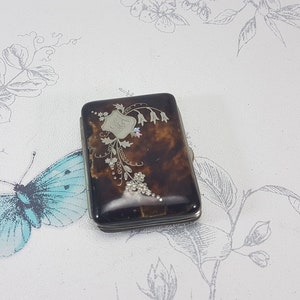 Victorian coin purse, antique faux tortoiseshell with silver inlay lily of the valley decoration, Victorian silver pique purse