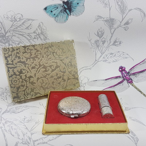 Van Cleef and Arpels Revlon compact and lipstick holder set, boxed Revlon powder compact with matching lipstick case