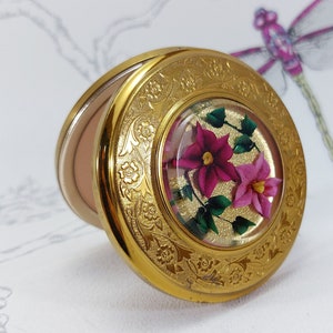 Vintage Yardley Compact Mirror: Carved Lucite Flowers, Gold Tone