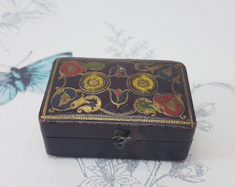 Antique Tooled Leather Sewing Etui Set: Thimble, Waxer & Pincushion