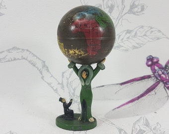 Antique globe sewing etui, rare metal figural lady holding up a globe with a man at her feet, antique German sewing etui