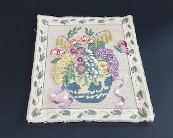 Original Art Deco hand embroidered panel, 1920s embroidered panel, antique hand embroidered flowers and butterflies