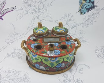 Antique French porcelain inkstand, hand painted porcelain inkwell, home office desk top inkstand