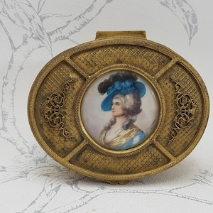 Antique French Ormolu Trinket Box: Hand-Painted Portrait, Cherub Decor