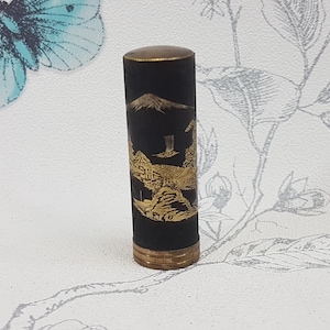 Vintage damascene lipstick case, black and gold lipstick case, mid-century vintage lipstick holder
