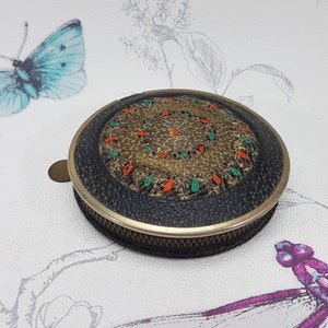 Vintage Black Leather Compact: Embroidered Powder Mirror, Israel Zip