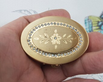 Vintage oval powder compact, small gold tone compact mirror with diamante and floral decoration, small vintage mirror compact