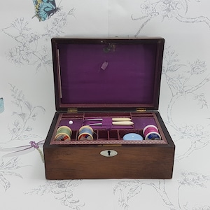 Antique Wooden Sewing Box with Vintage Needlework Tools