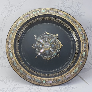 Antique Victorian Papier Mache Tray: Hand Decorated Mother of Pearl Inlay