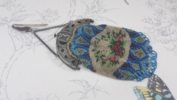 Antique beadwork chatelaine bag, 1820s Dutch silv… - image 6