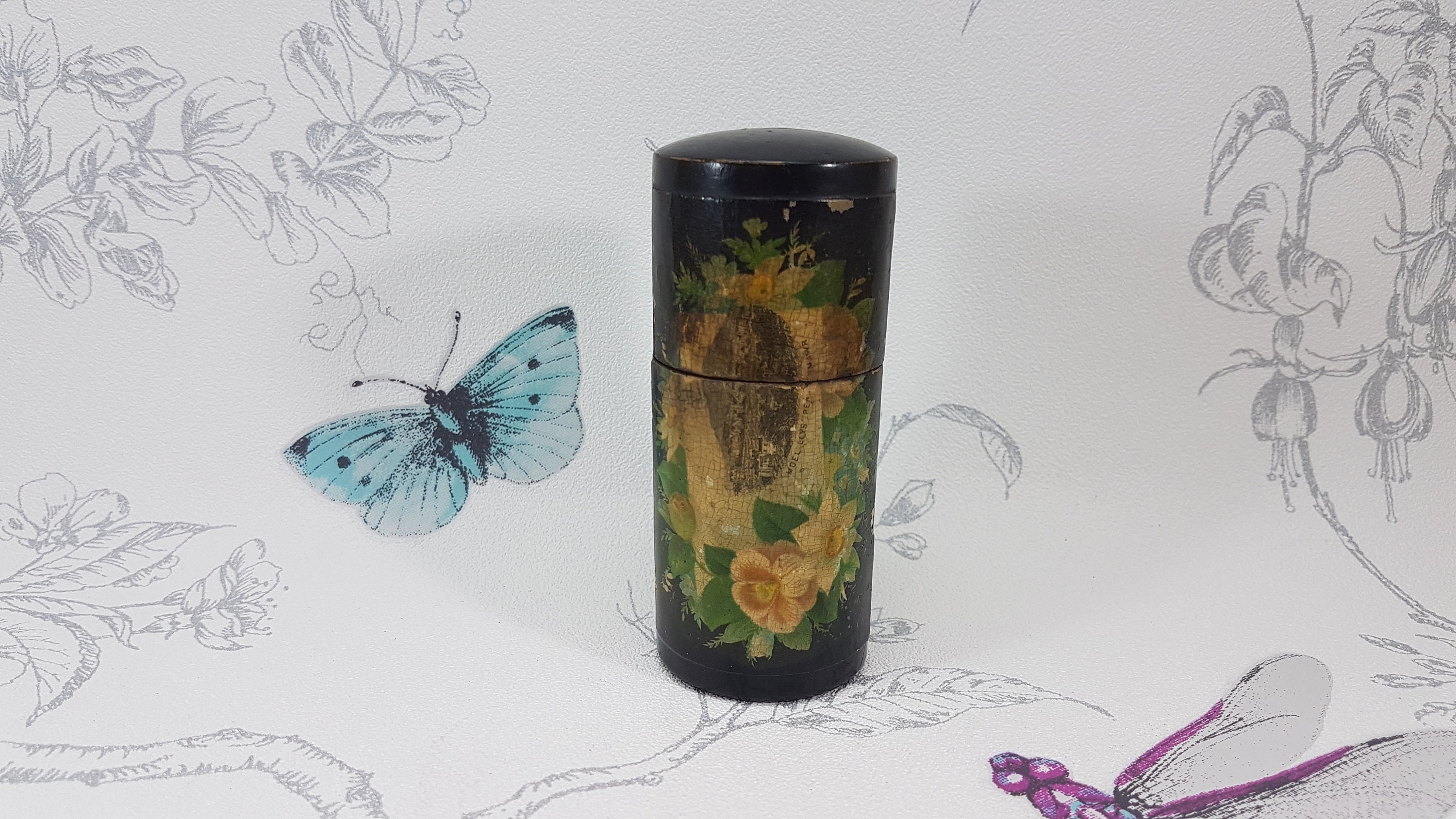 Victorian Ebonized Wood Sealing Wax Pot: Decoupage Floral Desk Decor
