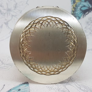 Vintage Stratton Silver Plate Compact Mirror: Etched Gold Tone Lid