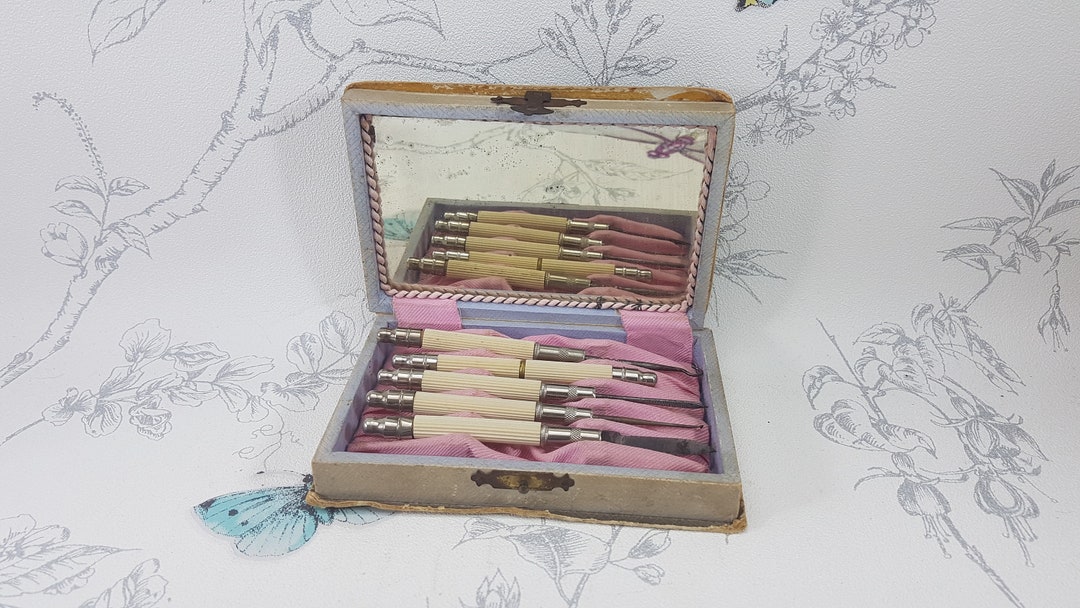 Victorian Antique Sewing Tools Box, Antique Paper Covered Wooden Box