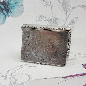 Art Deco Silver Powder Compact: Etched Rural Scene Mirror