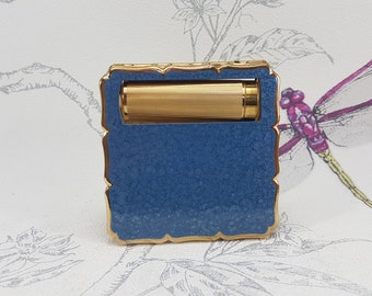 Small Stratton lipstick and powder compact, vintage Stratton Duo combination compact mirror with blue crackle glaze effect finish