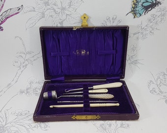 Antique Sewing Case: Purple Velvet Lining, Collectible Sewing Tools