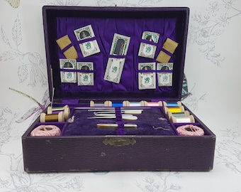 Antique Leather Sewing Box: Mother of Pearl Tools, Collectable Needlework Case