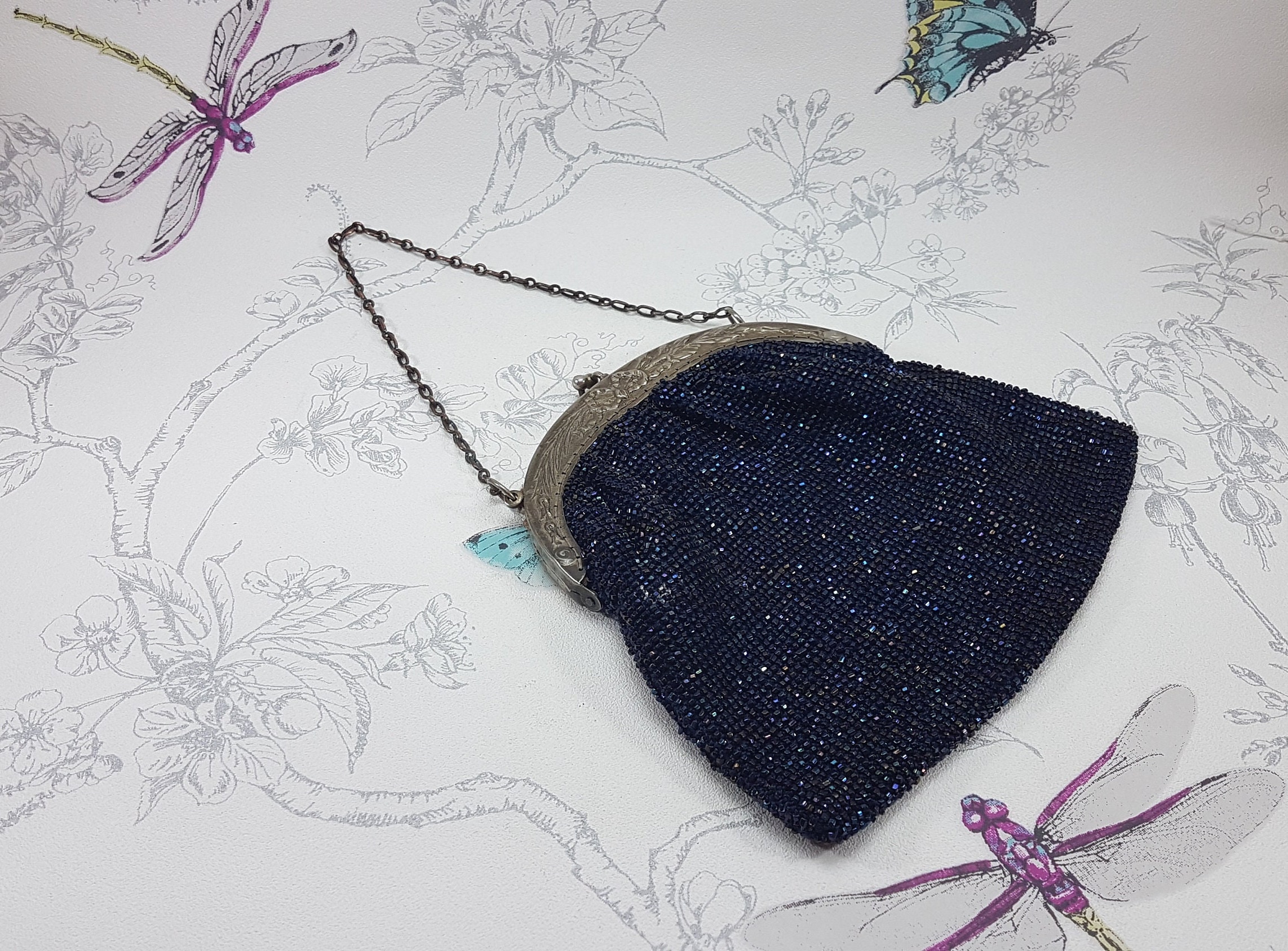 Beaded Wristlet Clutch Evening Bag Blue-Bead