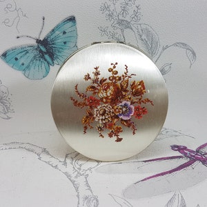 1970s Stratton Floral Powder Compact: Silver Tone Convertible Mirror