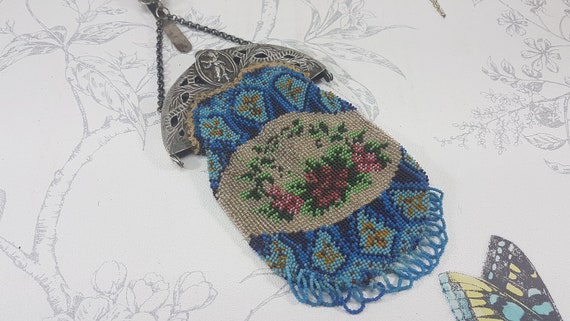 Antique beadwork chatelaine bag, 1820s Dutch silv… - image 2