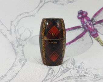 Antique Tartanware thimble holder, Mauchline Ware thimble box, McInnes tartan thimble box, collectable antique sewing and needlework tools