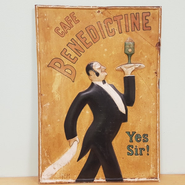 Vintage advertising sign, Cafe Benedictine, vintage Georges Goursat (SEM) advertising plaque, French vintage sign, vintage home decor