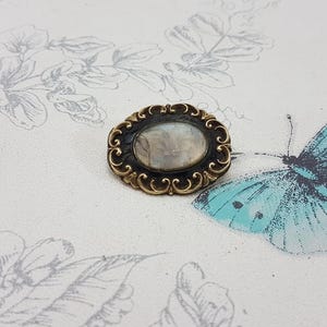 Antique Victorian Mourning Hair Brooch: Black Enamel Gilt Jewelry