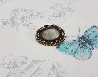 Antique Victorian Mourning Hair Brooch: Black Enamel Gilt Jewelry