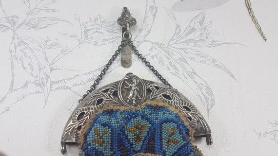 Antique beadwork chatelaine bag, 1820s Dutch silv… - image 7