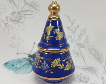 Vintage Porcelain Solid Perfume Bottle, Blue Floral Ceramic with Dabber
