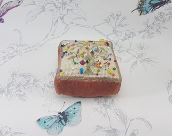 Vintage petit point fabric pin cushion, large square vintage fabric pincushion, collectable vintage sewing and needlework tools