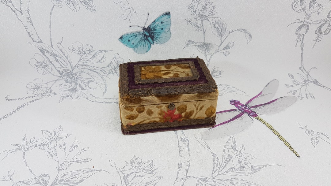 Antique Handmade Fabric Trinket Box, Small Victorian Fabric Keepsake