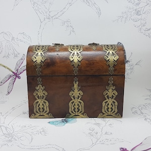 Victorian Burr Walnut Stationery Box: Antique Brass Mounted Desk Organizer