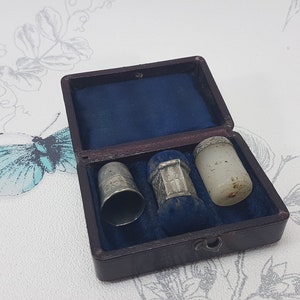 Antique Tooled Leather Sewing Etui Set: Thimble, Waxer & Pincushion image 2