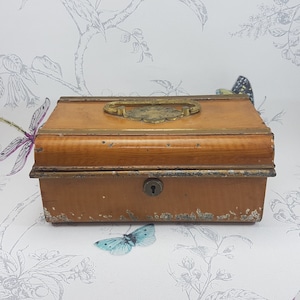 19th Century Faux Wood Grain Metal Strong Box: Working Lock & Key