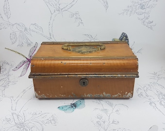 19th Century strong box, faux wood grain enamelled metal box with original working key, working lock and removable internal storage box