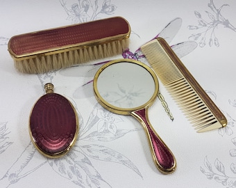 Art Deco engine turned vanity set, vintage Art Deco perfume bottle, hand mirror, brush and comb