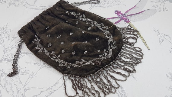 Antique velvet evening bag, cut steel beaded clut… - image 4