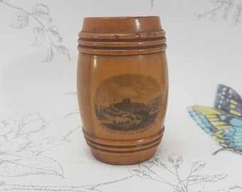 Victorian Mauchline Ware Cotton Reel Box: Antique Wooden Barrel, Wish Tower Depiction