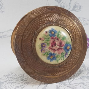 Vintage Petit Point Compact: Gold Tone Needlepoint Powder Mirror