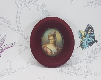 Antique miniature framed portrait, hand painted portrait of a lady in oval red velvet frame, original hand painted framed portrait