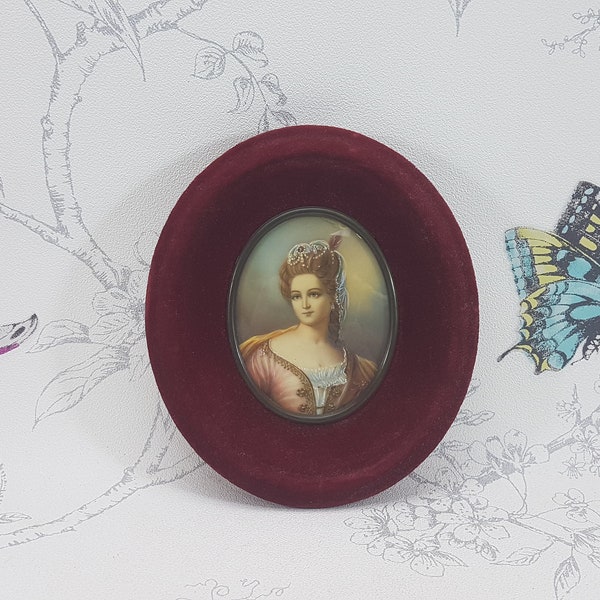 Antique miniature framed portrait, hand painted portrait of a lady in oval red velvet frame, original hand painted framed portrait