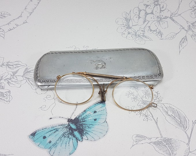 Antique Pince Nez Eyeglasses in White Metal Case, Antique Pince Nez