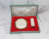Vintage compact and lipstick holder set, boxed mother of pearl powder compact with matching lipstick case