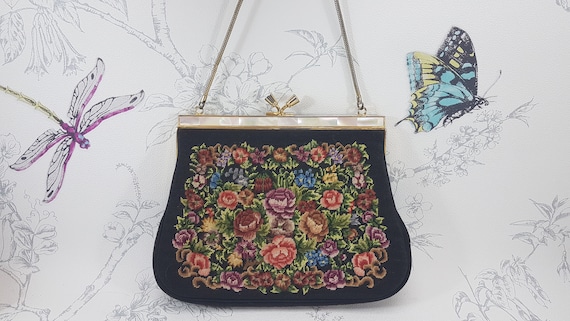 Vintage Floral Tapestry Evening Bag With Mother of Pearl 