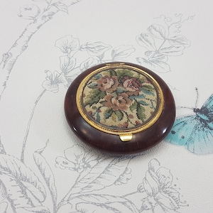Vintage Petit Point Powder Compact: Tortoiseshell Celluloid Mirror