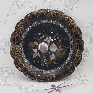 Victorian Papier Mache Plate: Antique Mother of Pearl Inlay Decorative Tray