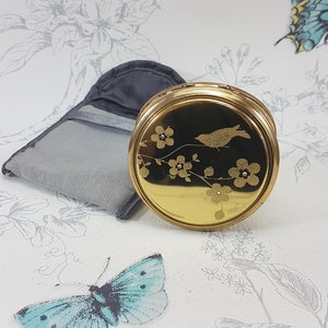 Miroir compact Vicci vintage, poudrière dorée et diamentée avec décoration d&#39;oiseau