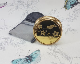 Vintage Vicci compact mirror, gold tone and diamente powder compact with bird decoration