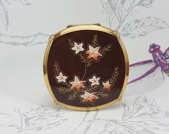 Vintage Stratton convertible powder compact, Stratton compact mirror with brown enamel lid and red flowers with gold foliage